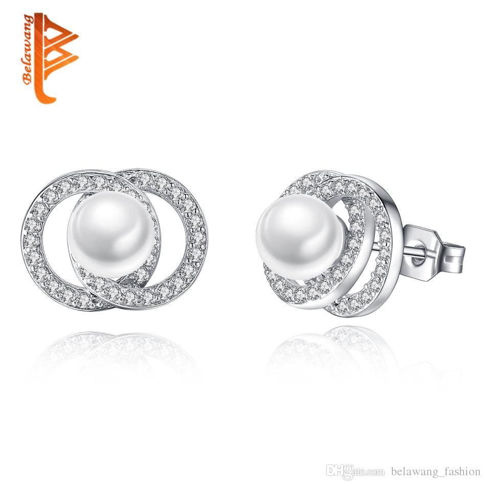 ELESHE Women Silver Alloy Cubic Zircon Stud Earrings Simulated Pearl Earrings Fashion Jewelry for Christmas Day Gift Vintage Earrings Cubic Zircon Earrings