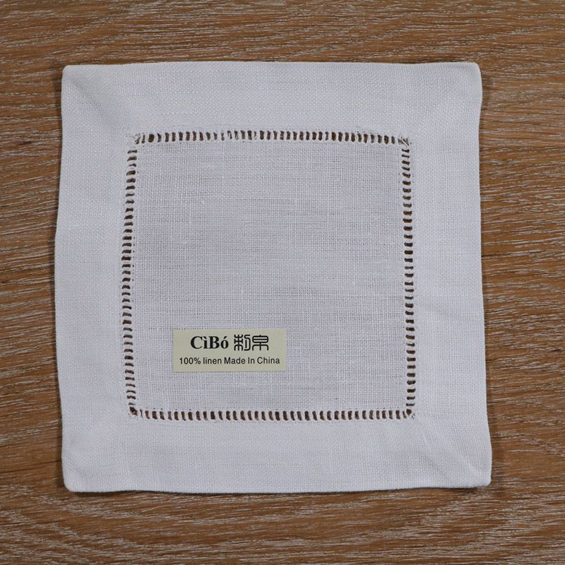 N008 6 White Linen Hemstitched Cocktail Napkins 6 X 6 Ladder Hem