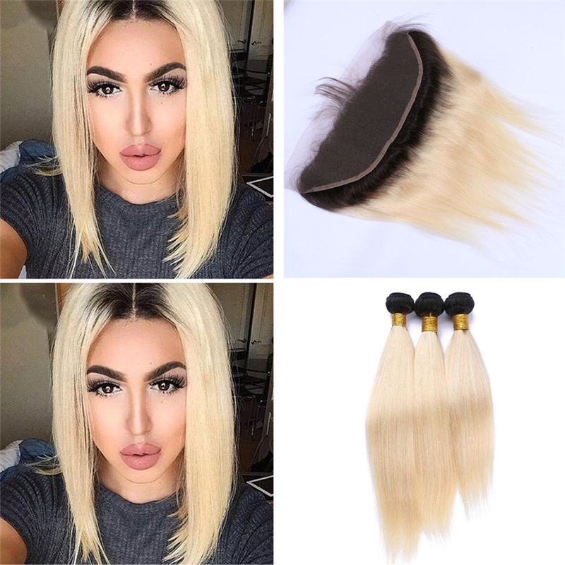 Two Tone 1b 613 Blonde Ombre Straight Hair Bundles With Lace