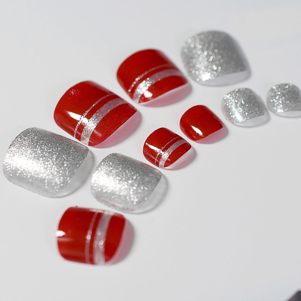 Acquista 24 Pz Rosso False Unghie Argento Glitter Gel Uv Chiodo