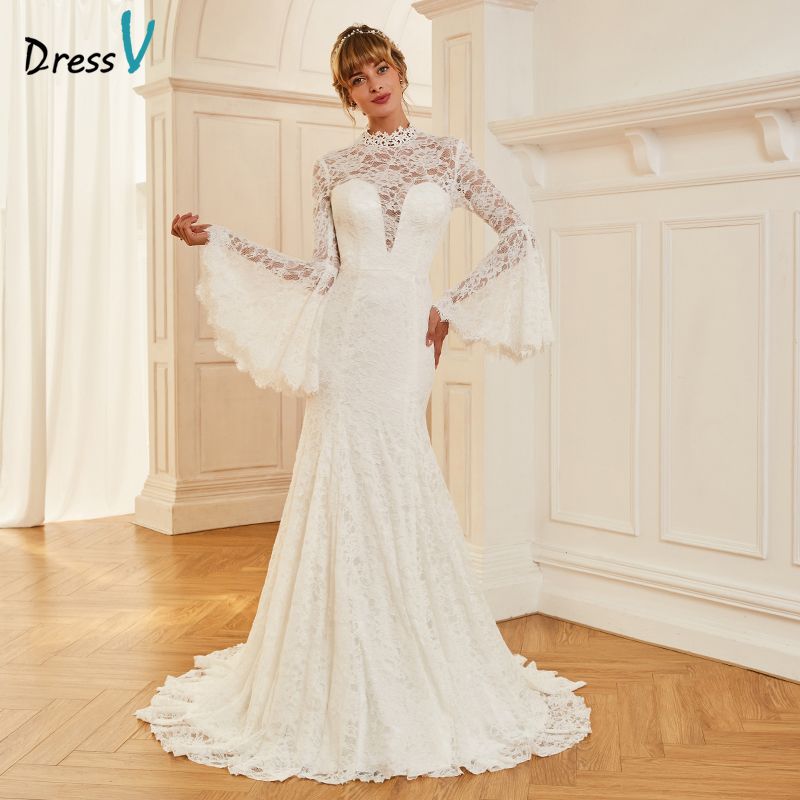 compre al por mayor vestido de novia de marfil de cuello alto corte