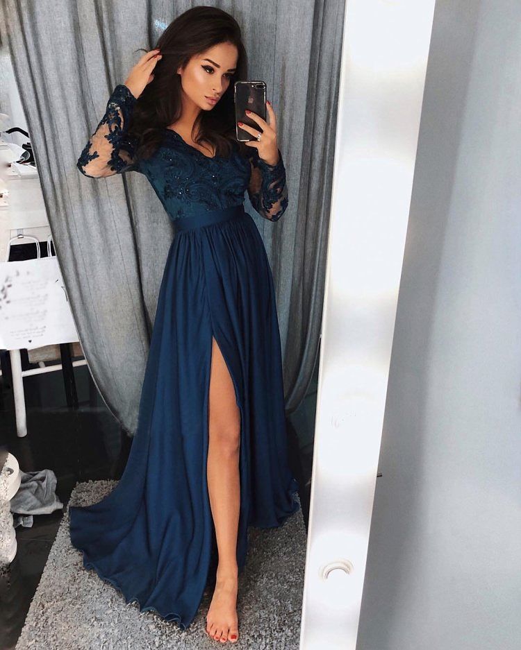 navy blue prom dress long sleeve