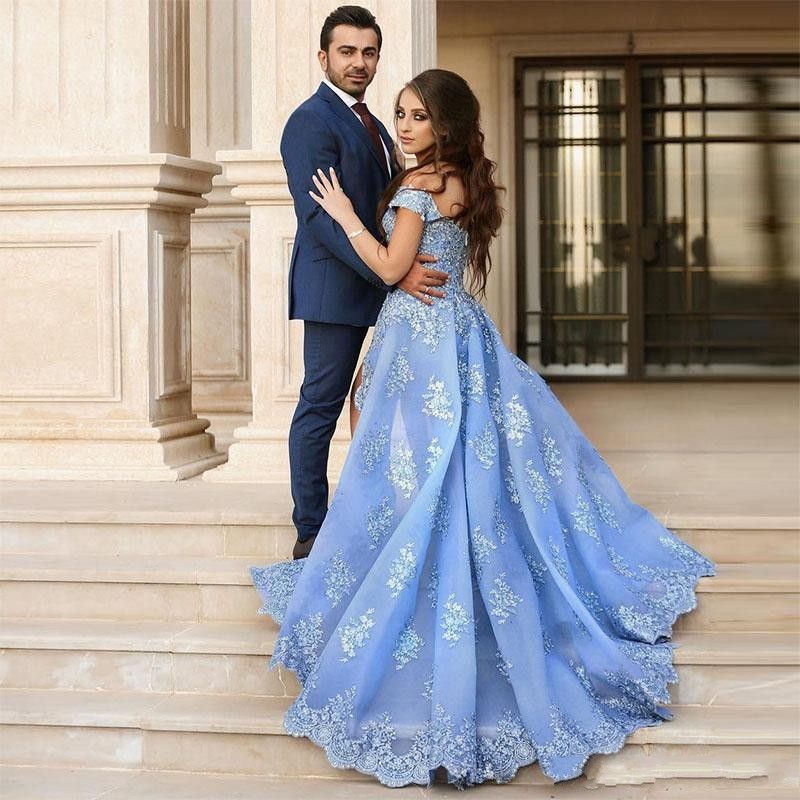 Sexy Blue Organza Evening Gowns Arabic 