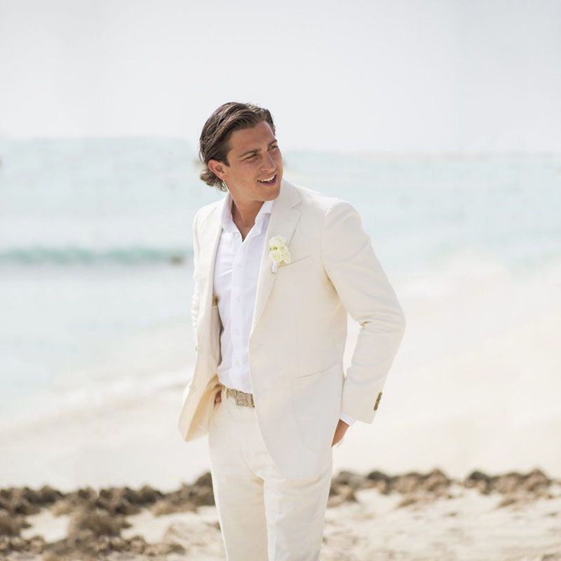 2019 2018 Ivory Linen Summer Beach Wedding Suits For Groom Tuxedo