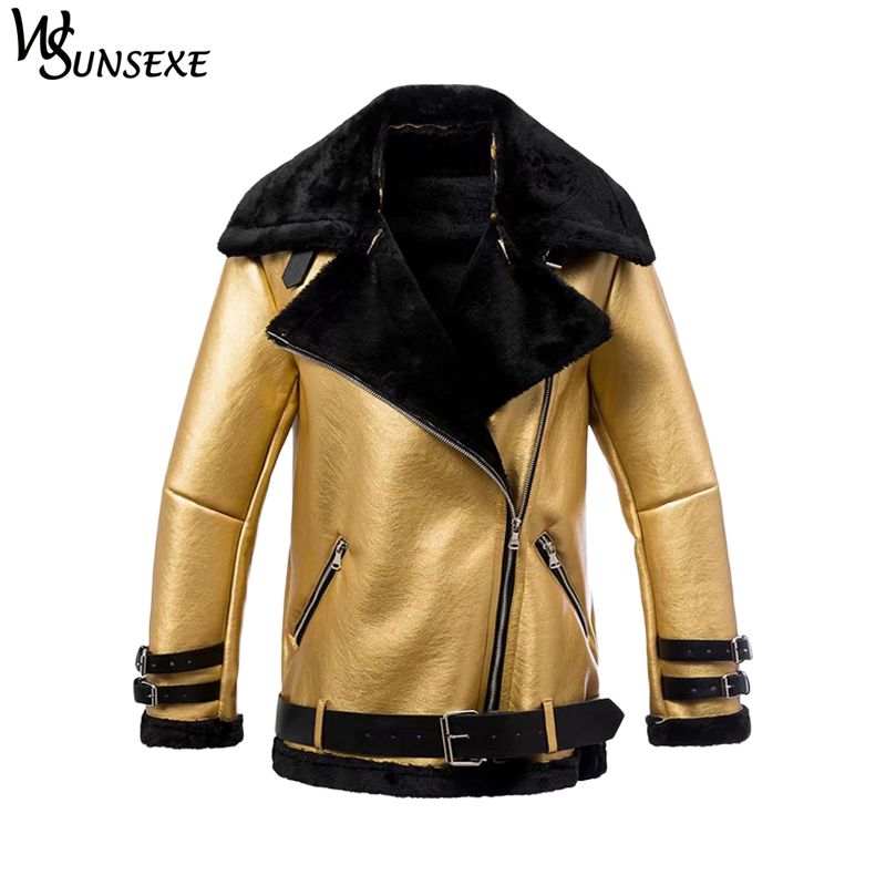 Fashion Metal Gold Faux Leather Suede Coats Winter Women Casual Zipper Shearling Motorcycle Thicken Warm Fur Integrated Jackets