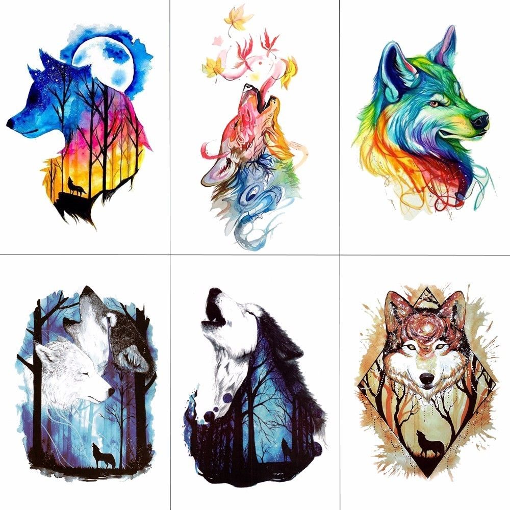 Tcool Acuarela Lobo Tigre Tatuajes Temporales Impermeables Mujeres