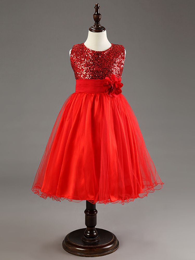 Princess Girls Dresses Flower Belt Solid Sequined Dress Christmas