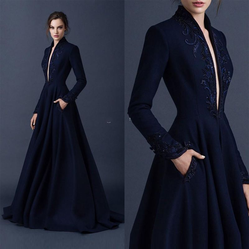 navy satin ball gown