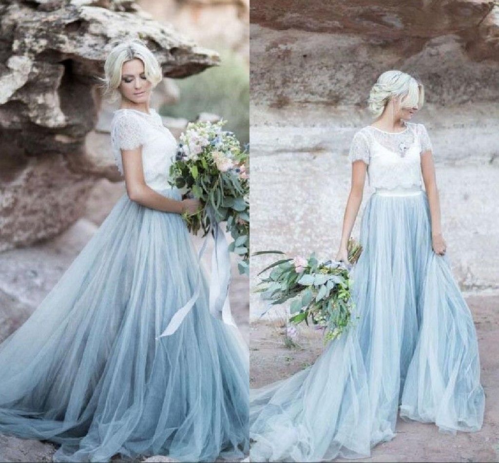 Discount Two Pieces Beach Style Wedding Dresses Blue And White Lace