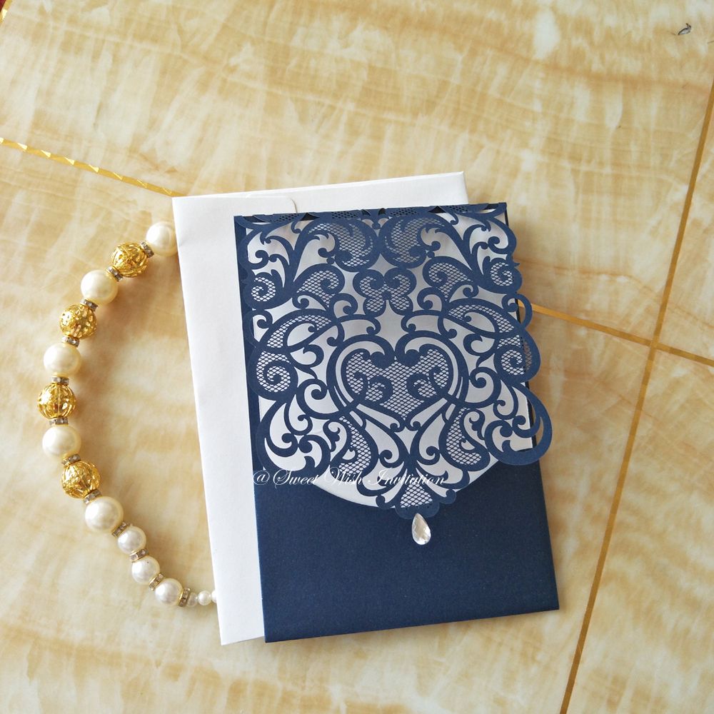 Navy Blue Shimmer Laser Cut Pocket Wedding Invitations Many Color