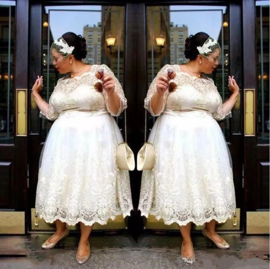 Discount Plus Size Short Wedding Dresses 2018 Tea Length Lace