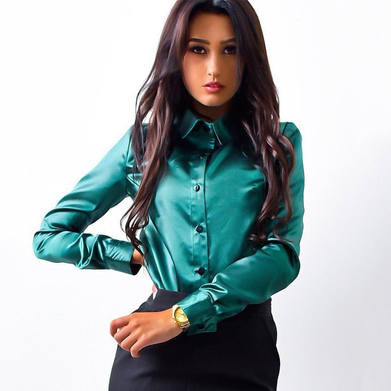 2019 Simin Women Silk Satin Blouse Button Lapel Long Sleeve Shirts Ladies Office Work Elegant