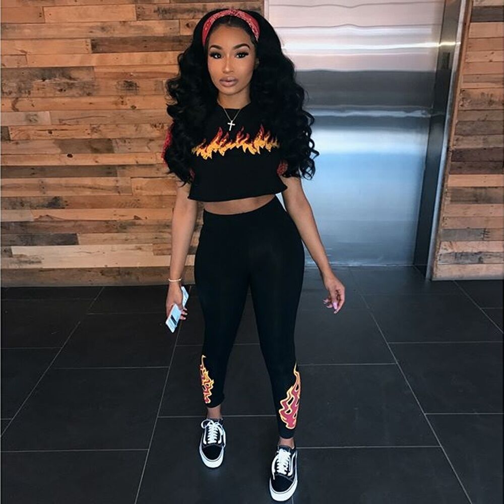 2019 Set Women Suit Crop Top Legging Flame Print T Shirt Pants Outfit Female Streetwear Clothes Two Piece Set WS017 From Clothfirst, $30.62