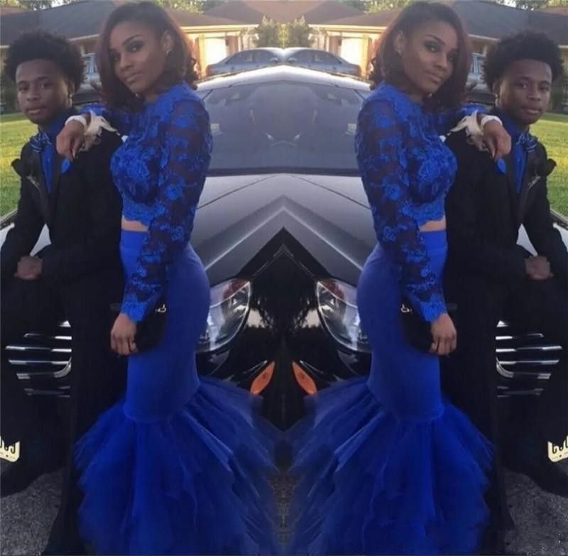 blue two piece mermaid prom dress
