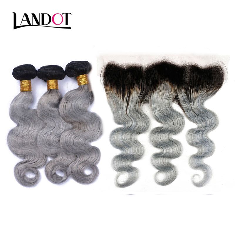 9A Ombre 1B/Grey Brazilian Virgin Hair Weave 3 Bundles With Lace Frontal Closures Peruvian Malaysian Indian Body Wave Human Hair Extensions
