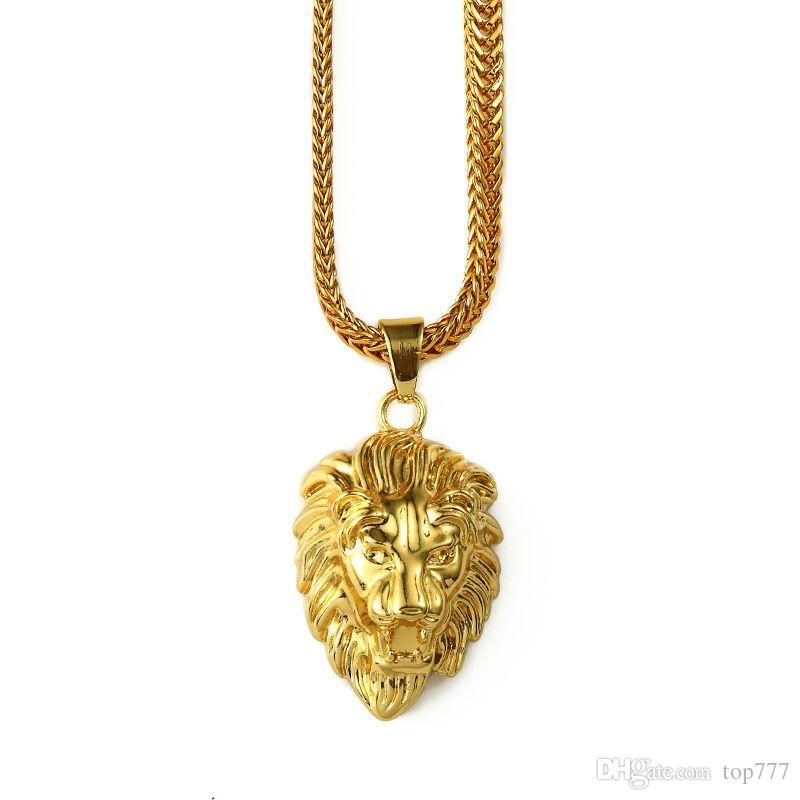 2018 Mens Gold Lion Head Charm 29 5inch Franco Chain Hip Hop Golden 2018 Mens Gold Lion Head Charm 29 5inch Franco Chain Hip Hop Golden Crown King Pendant Necklace Men Women Pandent