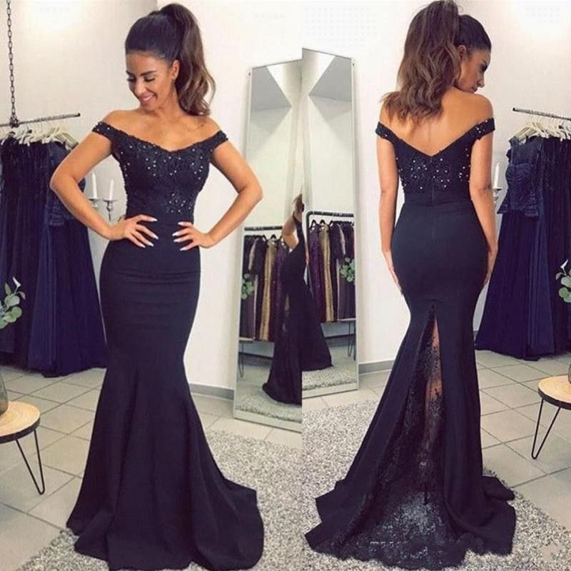2018 Dark Navy Lace Applique Mermaid Prom Dresses Off The Shoulder