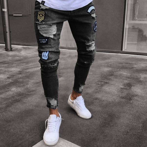 Acquistare Pantaloni Da Uomo Con Badge A Matita Jeans Da Motociclista  Strappati Primavera Hiphop Casual Pantaloni Lunghi Abbigliamento Economico  | Consegna Veloce E Qualità | It.Dhgate