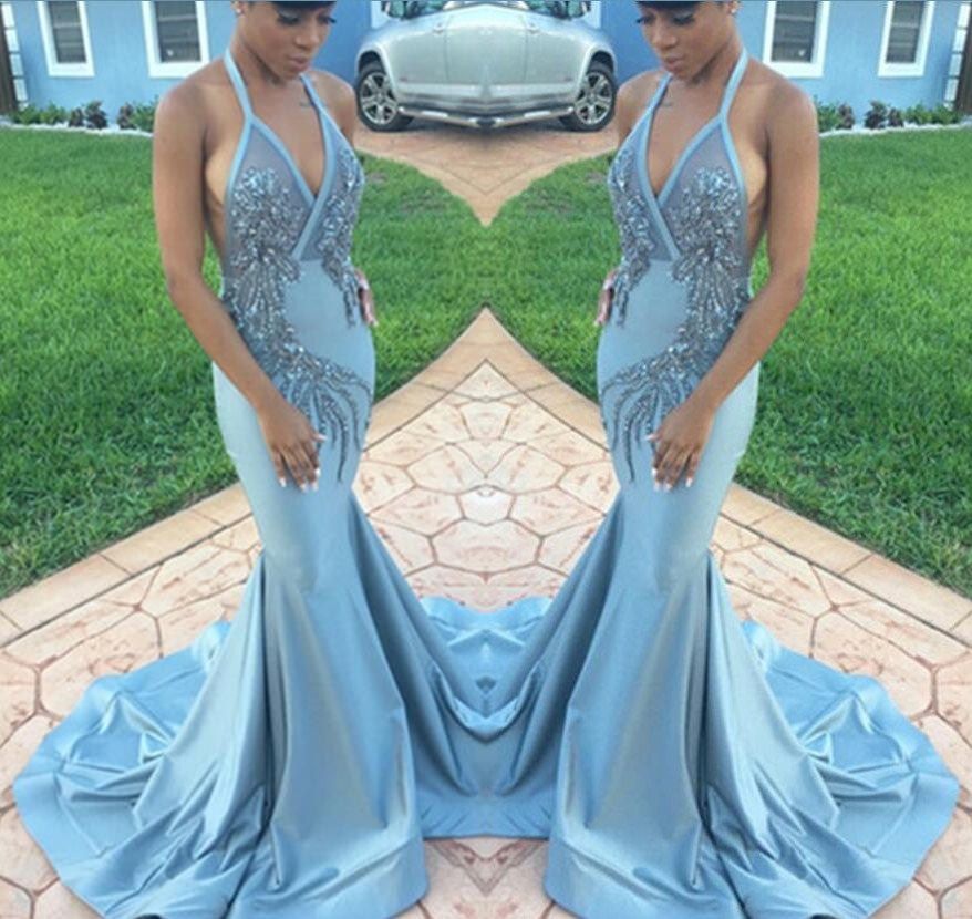 Sexy Light Sky Blue 2018 Prom Dresses Lace Beading Mermaid Formal ...