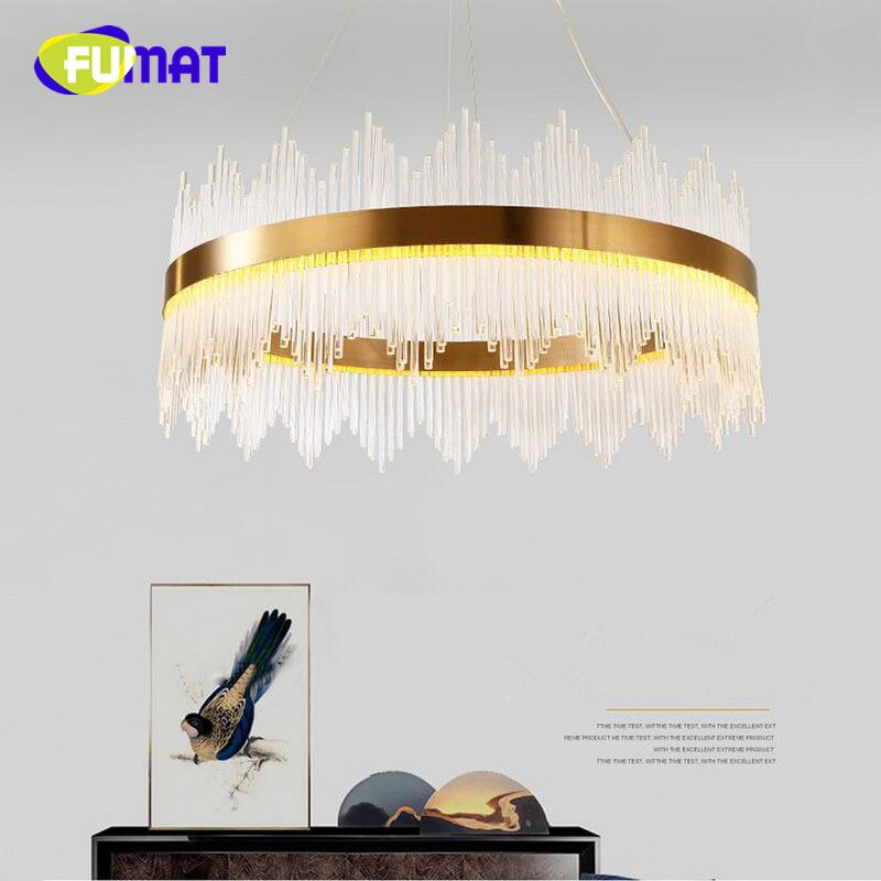 Fumat New Arrival Led Golden Circle Pendant Light Crystal Rods Hanging Lamp For Dining Room Suspension Lamps Ers Lampshade