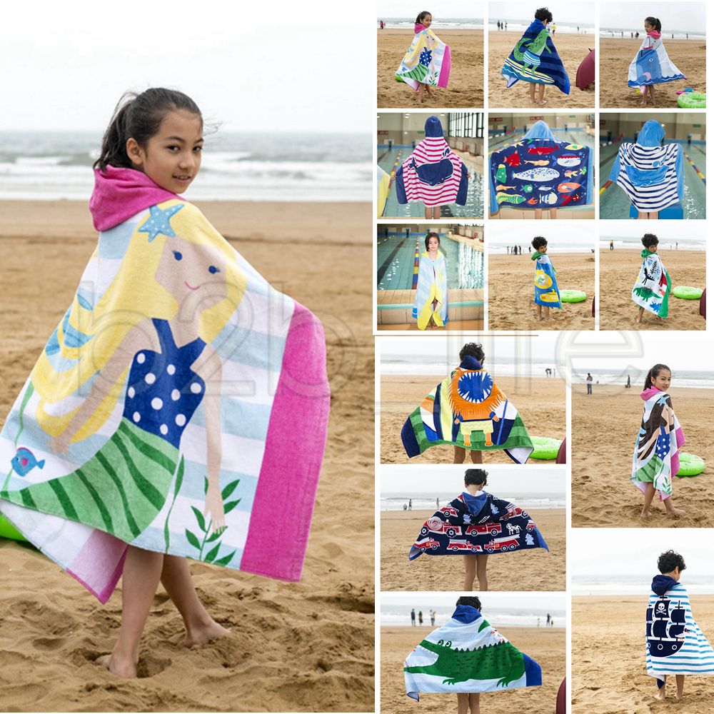 kids cotton mermaid shark pattern beach towel with hats baby