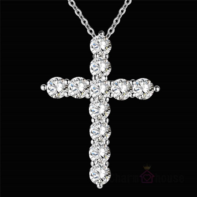 Whole Femme Collier Silver Crystal Cross Pendant Necklace 18 Whole Femme Collier Silver Crystal Cross Pendant Necklace 18 Inch Chains For Women 925 Jewelry Bijoux Gifts Friends Drop Diamond Pendants