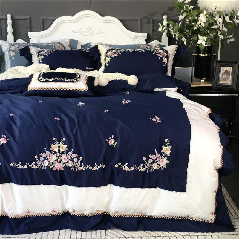 Navy Blue White Luxury Flower Embroidery Egypt Bedding Set Navy Blue White Luxury Flower Embroidery Egypt Bedding Set Duvet Cover Bed Linen Sheet Pillowcases Queen King Size Bedroom Sets