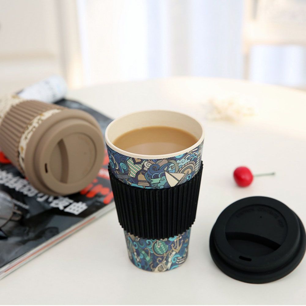 400ml Bamboo Fiber Mug Coffee Mugs With Silicone Lid Travel Easy Go Cup