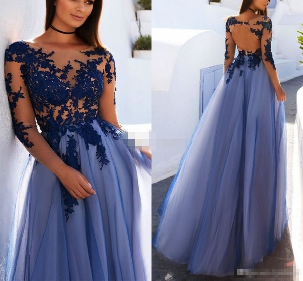 Royal Blue Long Sleeves Formal Evening Dresses Illusion Bodice Applique ...