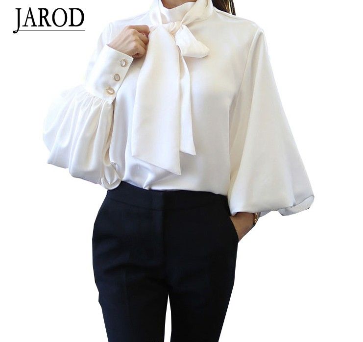 2020 2017 Pure White Bow Tie Blouse Chiffon Women Office Shirt Lantern