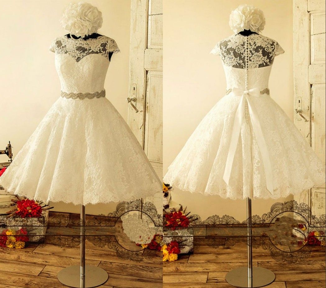 Discount 2018 Short Cheap Wedding Dress Sheer Neck Bateau With Cap