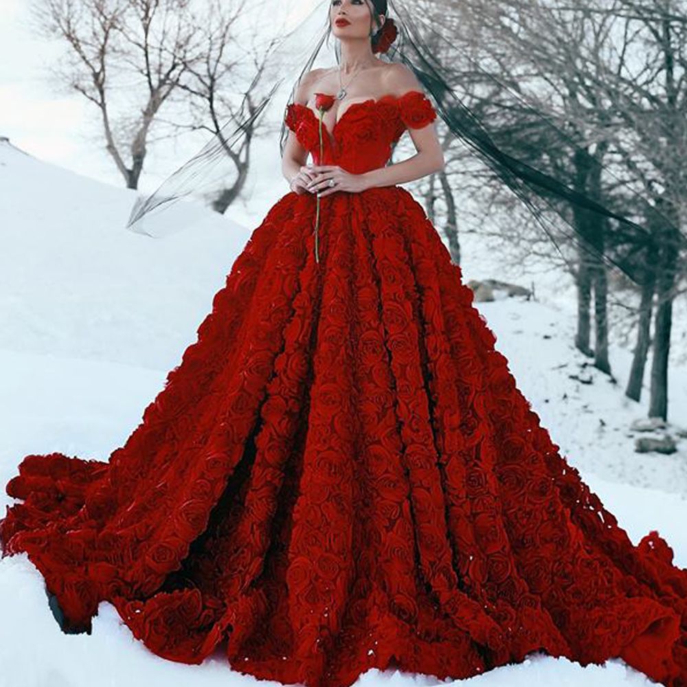 red flower prom dress