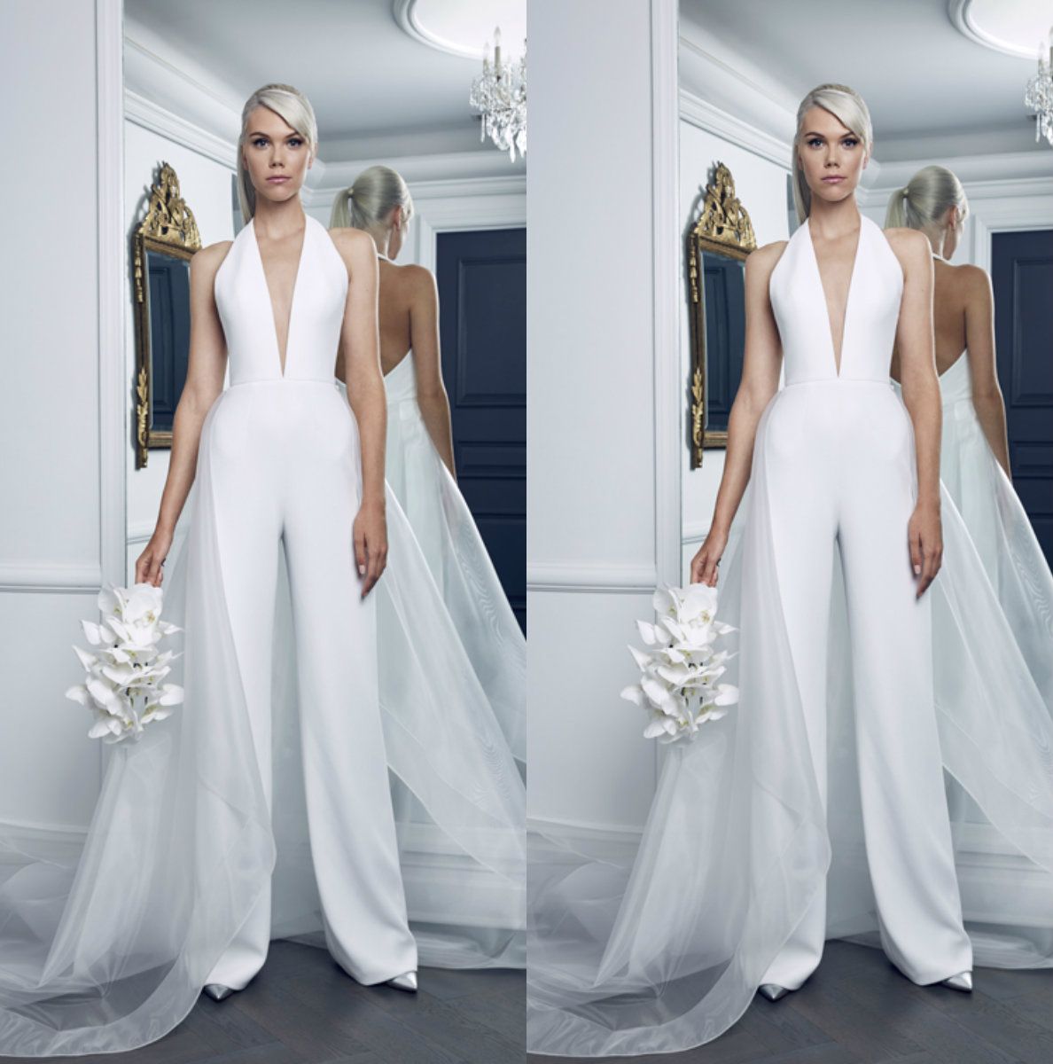 Modest Plus Size Wedding Dresses Jumpsuit With Tulle Modest Plus Size Wedding Dresses Jumpsuit With Tulle Overskirt Deep V Neck Simple Pure White Beach Dress Bridal Gowns Y Back
