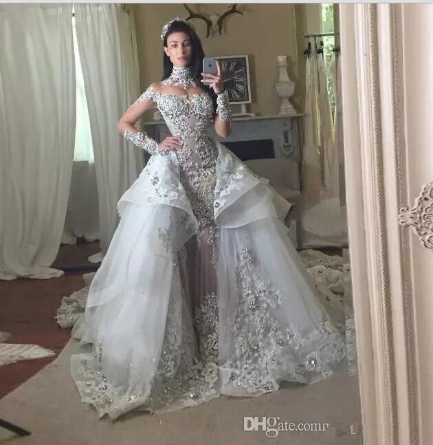 Sirène Col Haut Sheer Robes De Mariée Bling Manches Longues Jupe Détachable Train 2019 Corset Robes De Mariée Mariage Usa