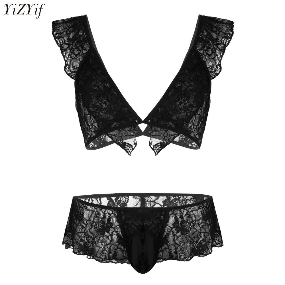 Yizyif Mens Sexy Lingerie Lace Bra And G String Thong Sissy Pouch 