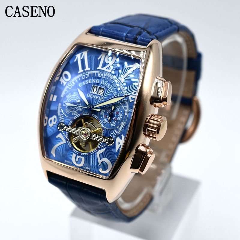 CASENO Tourbillon Automatic Mechanical Chronograph Men Leather Watch
