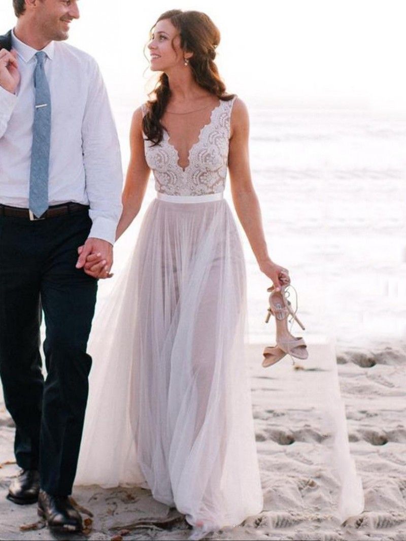 tulle wedding dress with lace illusion neckline