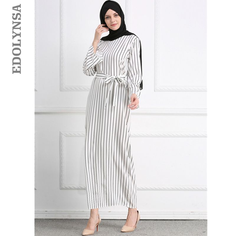 Acheter 2018 Adulte Hijab Abaya Mode Blanc Rayure Ceintures Robe Longue Musulman Islamique Vêtements Femme Robe Turque Dubaï Kaftan Oman D611 De $39.77 Du