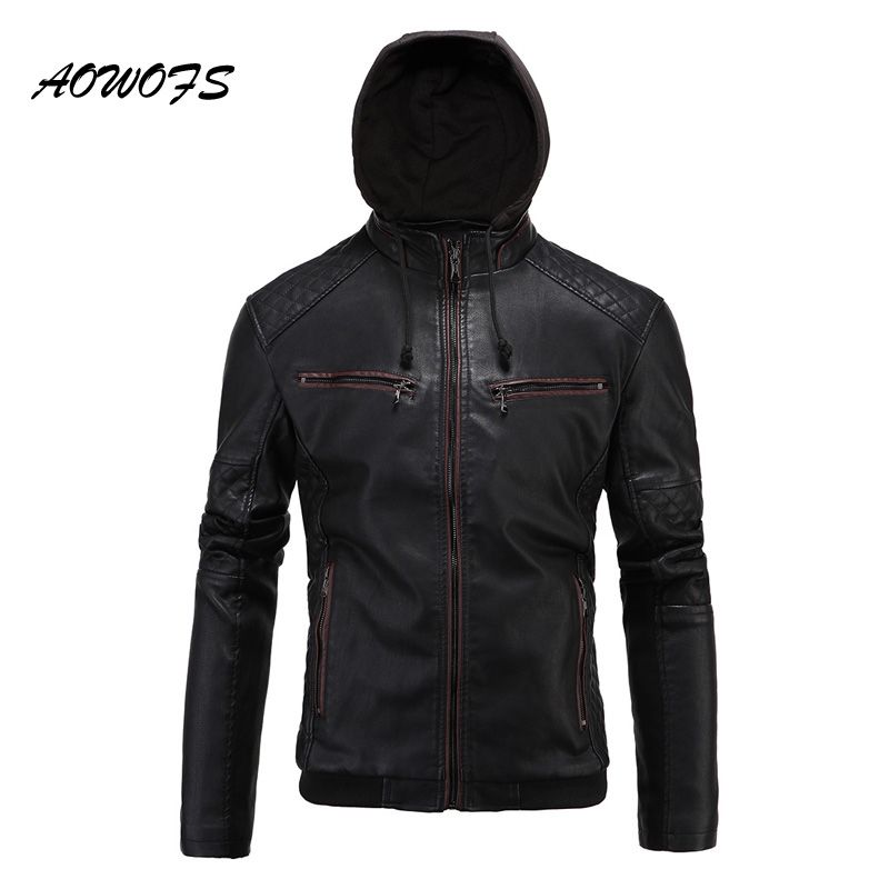 Whole Aowofs Fashion Hooded Mens Winter Leather Jackets Slim Fit Quilted Moto Coats Fleece Liner Pu Jacket With Hood