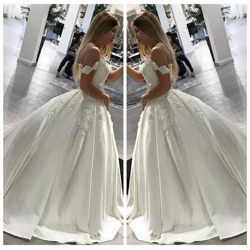 2019 Off Shoulder Lace Appliques Ball Gown Wedding Dresses Satin