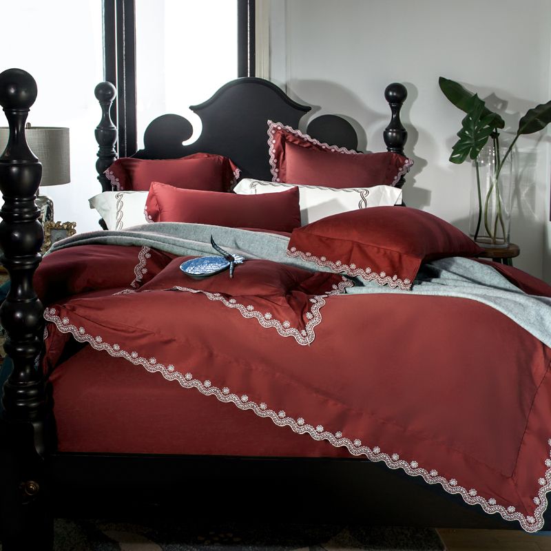 Wine Red Luxury 60s Sanding Egyptian Cotton Embroidery Bedding Set Wine Red Luxury 60s Sanding Egyptian Cotton Embroidery Bedding Set Pure Color Duvet Cover Bed Linen Sheet Pillowcases 4 Toddler Navy Blue