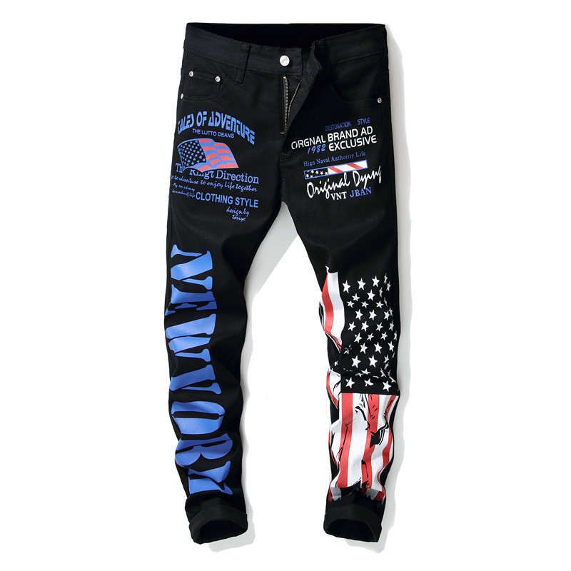 2020 New Fashion Mens American USA Flag Printed Jeans Straight Slim Fit