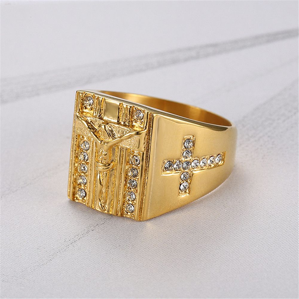Gold Filled Titanium Jesus Cross Ring Classic Religious Ring Men
