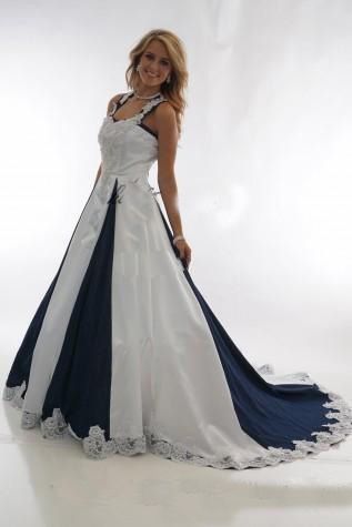 navy and white wedding dress