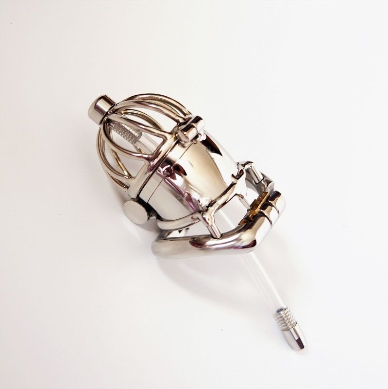 Dispositivo di castità in acciaio inossidabile a doppia chiusura con catetere uretrale e anello anti-spargimento, gabbia il gallo, cintura della verginità, anello del pene