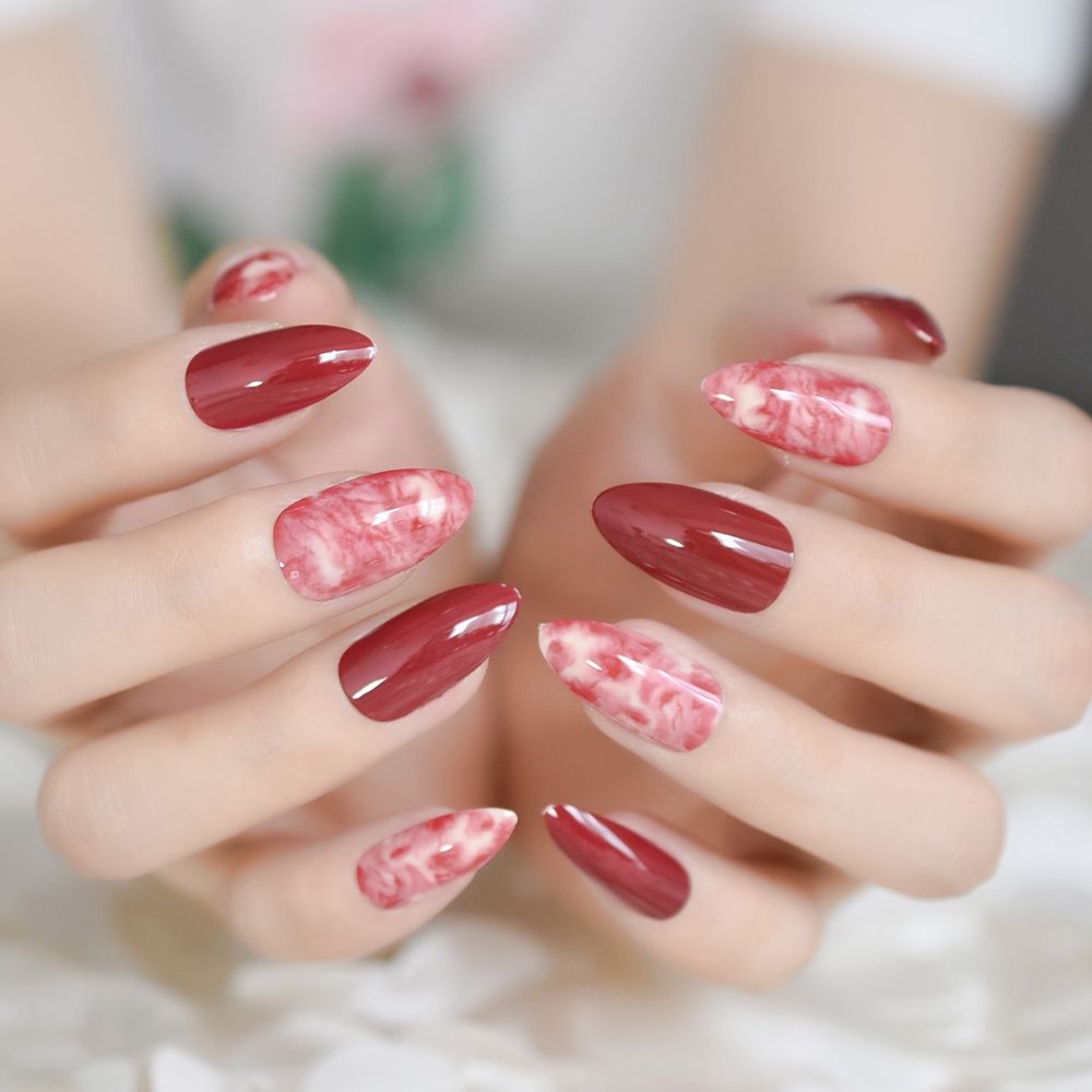 Sharp Stiletto Design Acrylic Nails Wine Red Marble Medium False Sharp Stiletto Design Acrylic Nails Wine Red Marble Medium False