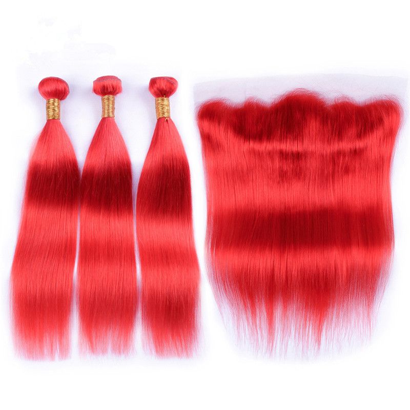 El pelo humano virginal brasileño de color rojo teje con un cierre frontal de encaje completo puro sedoso frontal rojo 13x4 con 3 paquetes de ofertas