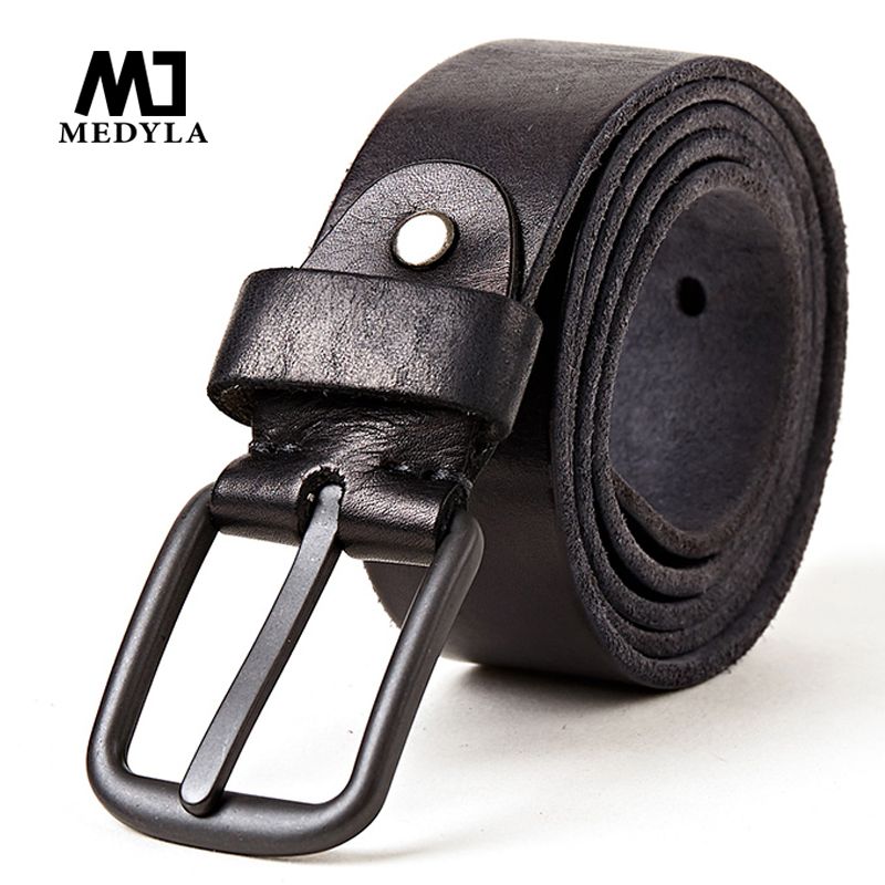 Men Cowhide Belts Original Top Grain Leather Casual Black Pin Buckle Belt