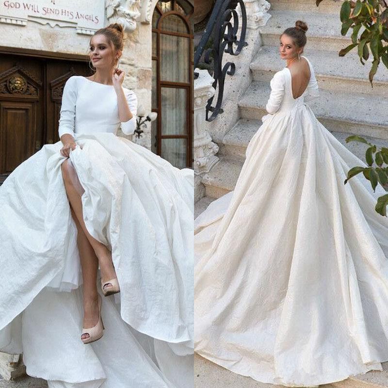 Discount Elegant Womens A Line Satin Wedding  Dress  3 4 