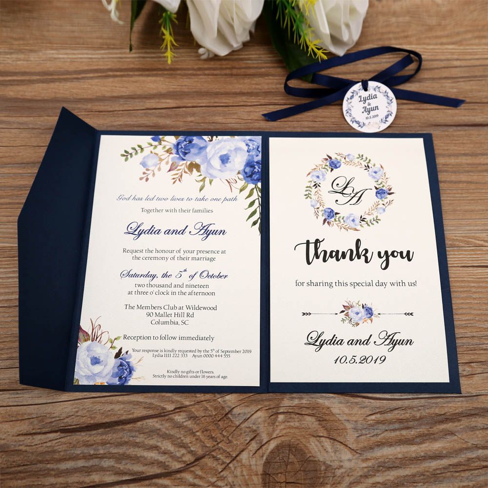 Trifold Pocket Wedding Invites 2019 Navy Blue Printable Customized ...